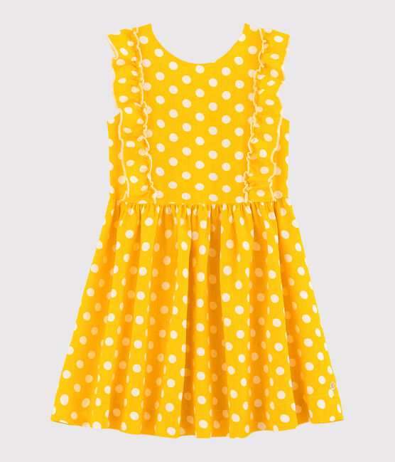 Kurzärmeliges Kinder-Kleid aus Leinen für Mädchen gelb SHINE/weiss MARSHMALLOW