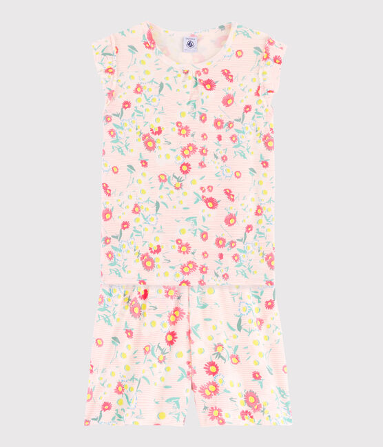 Kurz-Pyjama aus Rippstrick mit Blumenmuster für kleine Mädchen weiss MARSHMALLOW/weiss MULTICO
