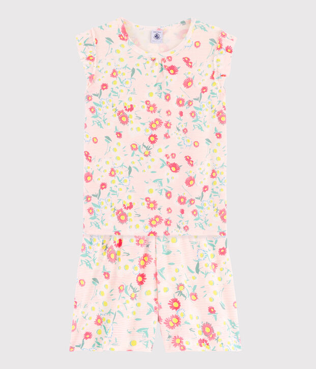 Kurz-Pyjama aus Rippstrick mit Blumenmuster f&uuml;r kleine M&auml;dchen weiss/vielfarbig