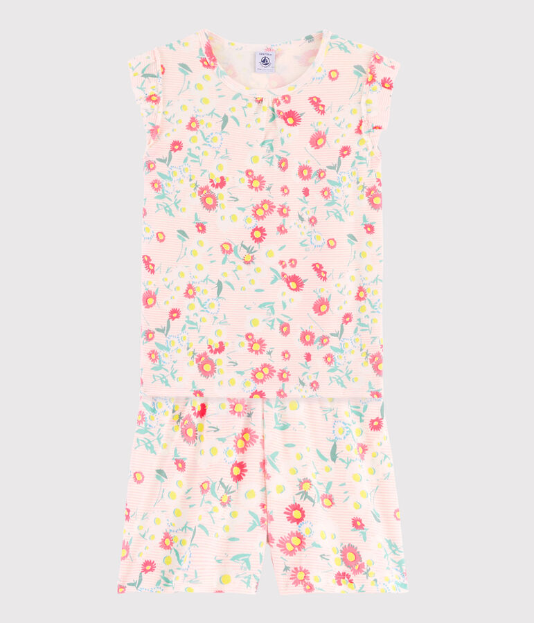 Kurz-Pyjama aus Rippstrick mit Blumenmuster f&uuml;r kleine M&auml;dchen weiss MARSHMALLOW/weiss MULTICO
