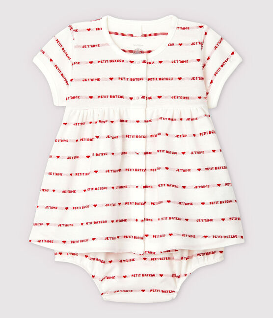 Kurzärmeliges Baby-Kleid mit Bloomer-Shorts aus Bio-Baumwoll-Jacquard für Mädchen weiss MARSHMALLOW/rot TERKUIT