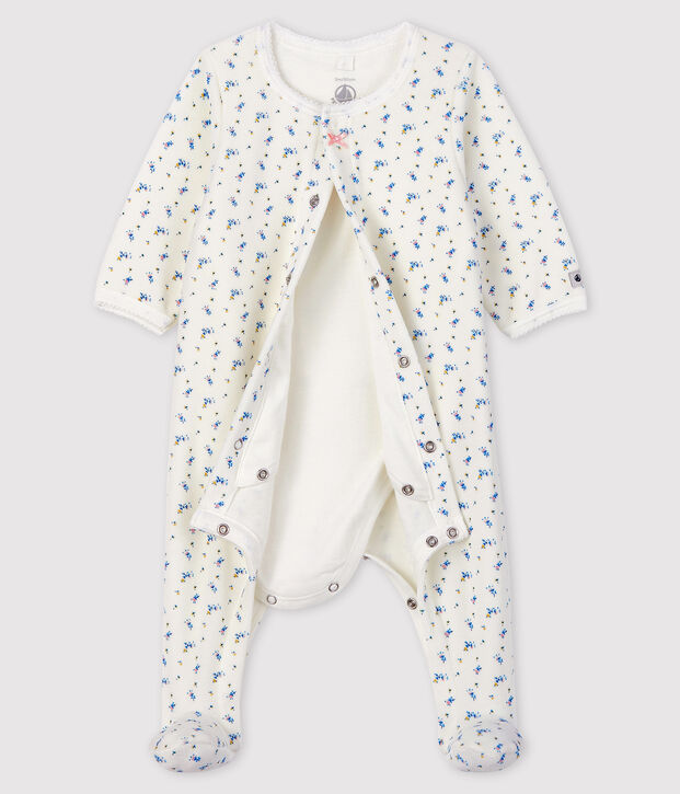 Baby-Bodyjama aus Velours mit Bl&uuml;mchen-Motiv f&uuml;r M&auml;dchen weiss/vielfarbig