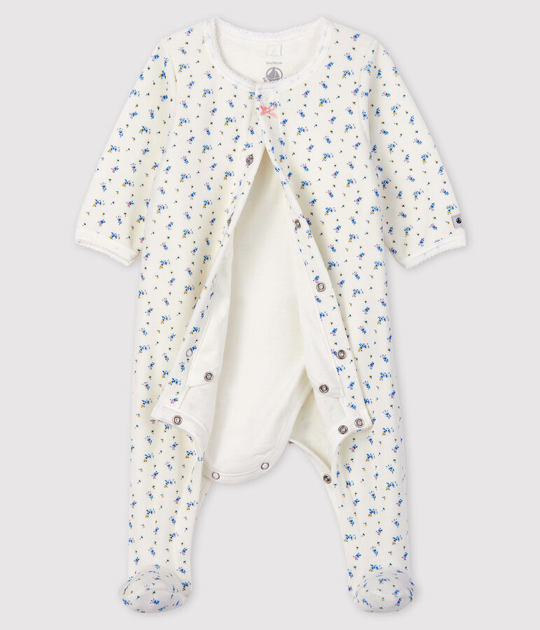 Baby-Bodyjama aus Velours mit Bl&uuml;mchen-Motiv f&uuml;r M&auml;dchen weiss MARSHMALLOW/weiss MULTICO
