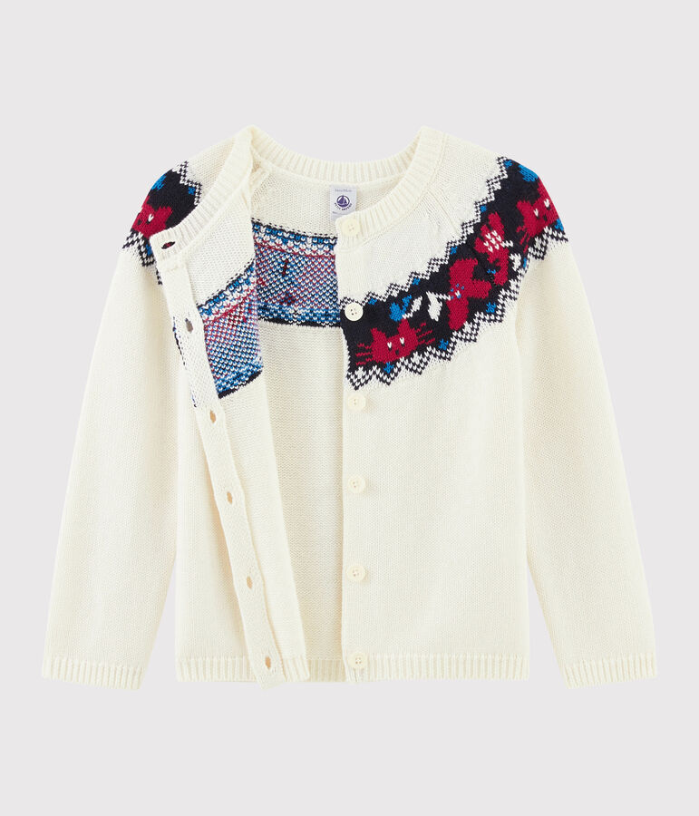 Kinder-Cardigan aus Wolle und Baumwolle f&uuml;r M&auml;dchen weiss MARSHMALLOW/weiss MULTICO