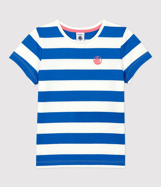 Kurzärmliges Kinder-T-Shirt aus Baumwolle für Mädchen blau RUISSEAU/weiss MARSHMALLOW