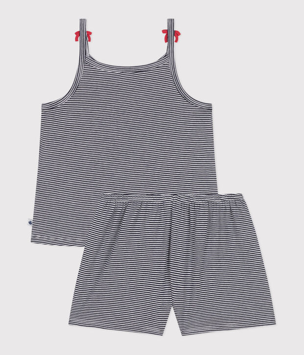Kinder-Kurzpyjama mit schmalen Tr&auml;gern aus Baumwolle mit Streifen blau/weiss