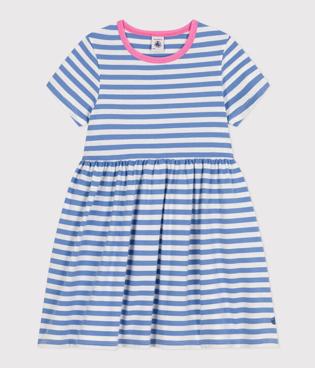 Kurz&auml;rmeliges gestreiftes Kleid aus Baumwolle Kinder/M&auml;dchen blau/weiss