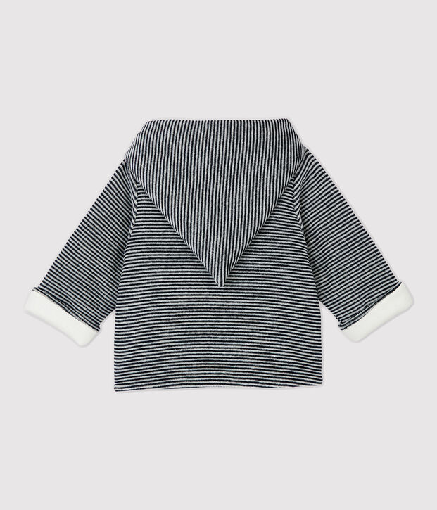 Gestreifte Babyjacke aus Bio-Baumwoll-Velours mit Kapuze weiss/blau