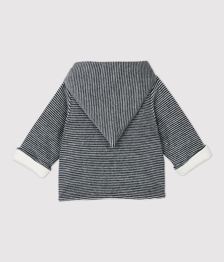 Gestreifte Babyjacke aus Bio-Baumwoll-Velours mit Kapuze weiss/blau