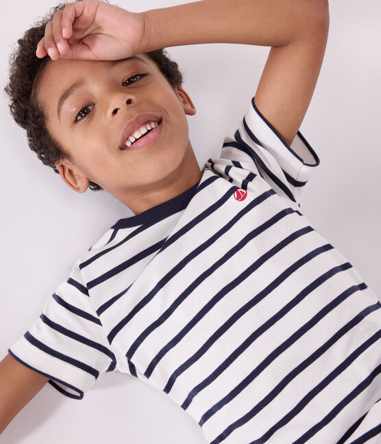 Kinder-Kurzpyjama aus Baumwolle im Matrosenmuster für Jungen weiss MARSHMALLOW/blau SMOKING