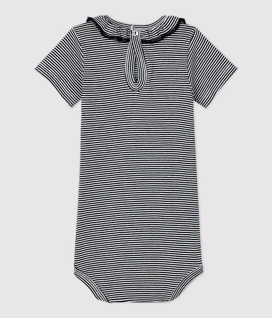 Baby-Body aus Bio-Baumwolle mit Ringelstreifen und Rüschenkragen blau SMOKING/weiss MARSHMALLOW