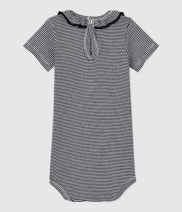 Baby-Body aus Bio-Baumwolle mit Ringelstreifen und R&uuml;schenkragen blau/weiss