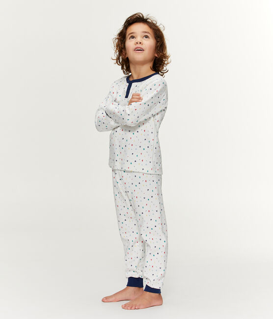Molton-Pyjama mit hoch geschnittenem Bund für kleine Jungen weiss MARSHMALLOW/weiss MULTICO