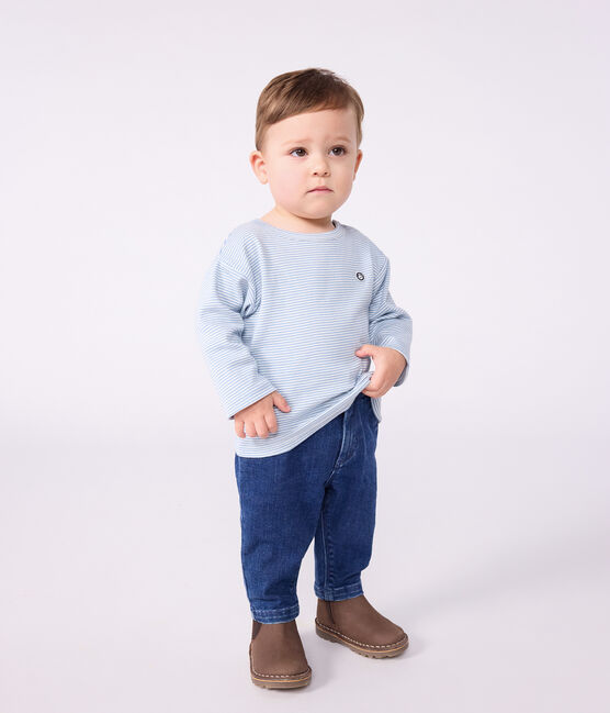 Langärmeliges Baby-T-Shirt aus Baumwolle mit Streifen ADRIATIC/ MARSHMALLOW