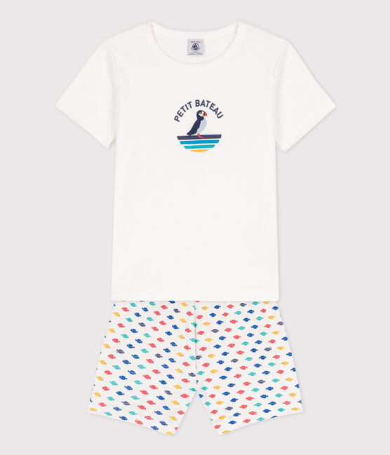 Kinder-Kurzpyjama aus Baumwolle mit Meerestier-Motiv für Jungen weiss MARSHMALLOW/weiss MULTICO