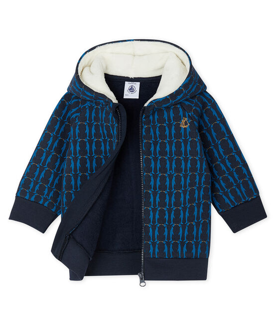 Baby-Kapuzensweatshirt aus Molton für Jungen, gemustert und mit Sherpa-Futter blau SMOKING/weiss MULTICO