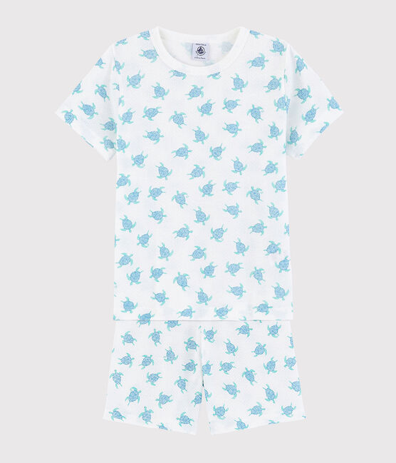 Kinder-Kurzpyjama aus ultra-leichter Baumwolle mit Schildkrötenmotiv weiss MARSHMALLOW/weiss MULTICO