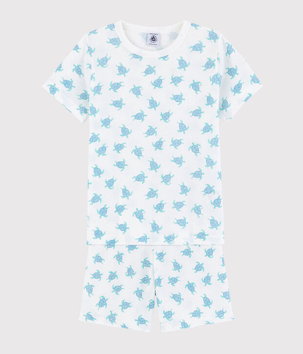 Kinder-Kurzpyjama aus ultra-leichter Baumwolle mit Schildkr&ouml;tenmotiv weiss/vielfarbig