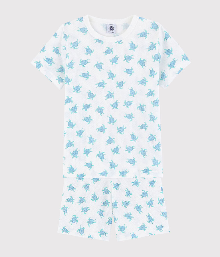 Kinder-Kurzpyjama aus ultra-leichter Baumwolle mit Schildkr&ouml;tenmotiv weiss/vielfarbig