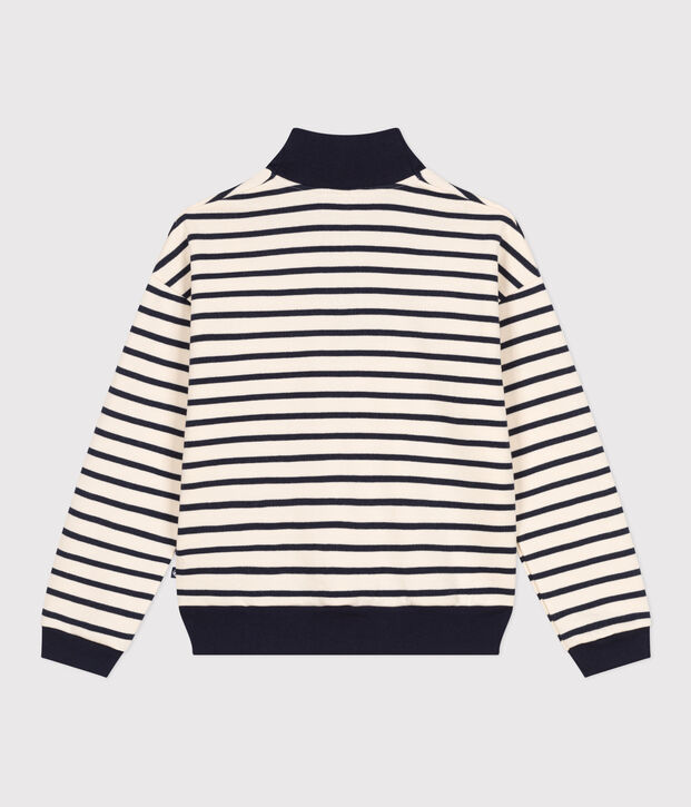 Damen-Sweatshirt mit Rei&szlig;verschluss-Stehkragen aus aufgerautem Molton naturfarben/blau