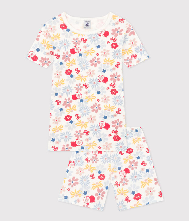 Kurzer, k&ouml;rpernaher Kinderpyjama aus Baumwolle mit Blumenmuster weiss/vielfarbig