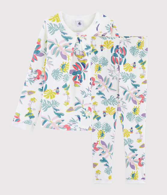 Kinderpyjama aus Doppeljersey mit Dschungelaufdruck für Mädchen weiss MARSHMALLOW/weiss MULTICO