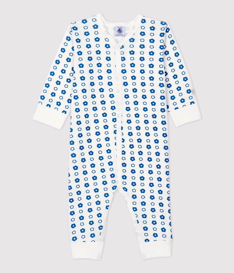 Baby-Strampler ohne F&uuml;&szlig;e aus Bio-Baumwolle mit Blumenmuster im Retro-Look weiss/blau