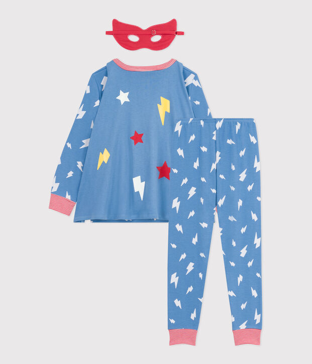 Kinder-Pyjama zum Verkleiden aus phoshoreszierender Baumwolle mit Cape blau/vielfarbig