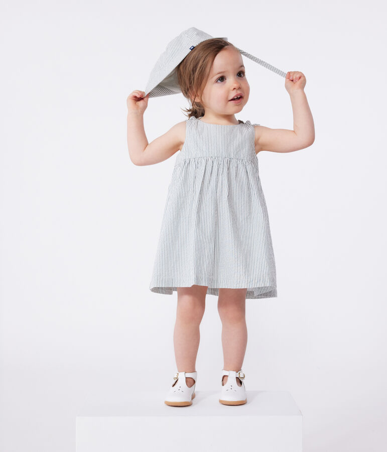 &Auml;rmelloses Baby-Kleid aus Baumwolle mit Streifen weiss MARSHMALLOW/blau BRUT