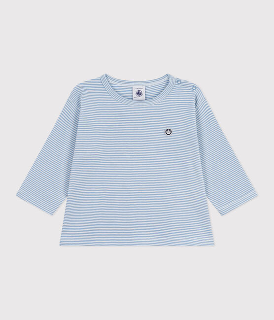 Langärmeliges Baby-T-Shirt aus Baumwolle mit Streifen ADRIATIC/ MARSHMALLOW