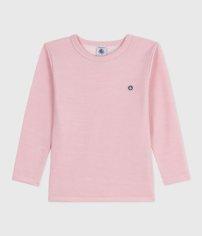 Lang&auml;rmeliges Kinder T-Shirt aus einfarbiger Wolle und Baumwolle rosa