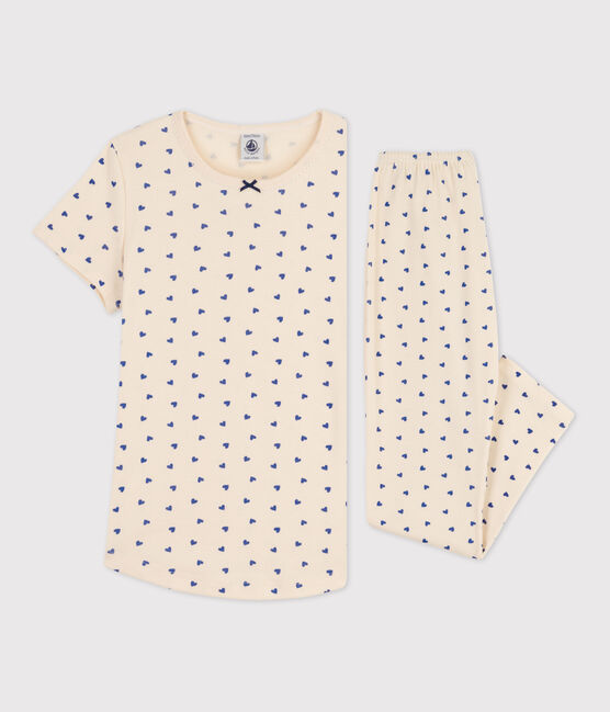 Kurzärmeliger Kinderpyjama aus Baumwolle mit Herzmotiv für Mädchen weiss AVALANCHE/ NEWBLEU