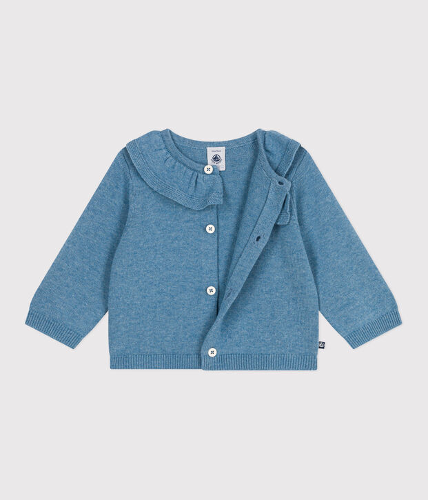 Baby-Cardigan mit Kragen aus einfarbigem Woll- und Baumwollstrick blau