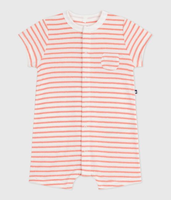Baby-Kurzoverall aus gestreiftem Baumwoll-Frottee  orange MARSHMALLOW/ ABRICOT
