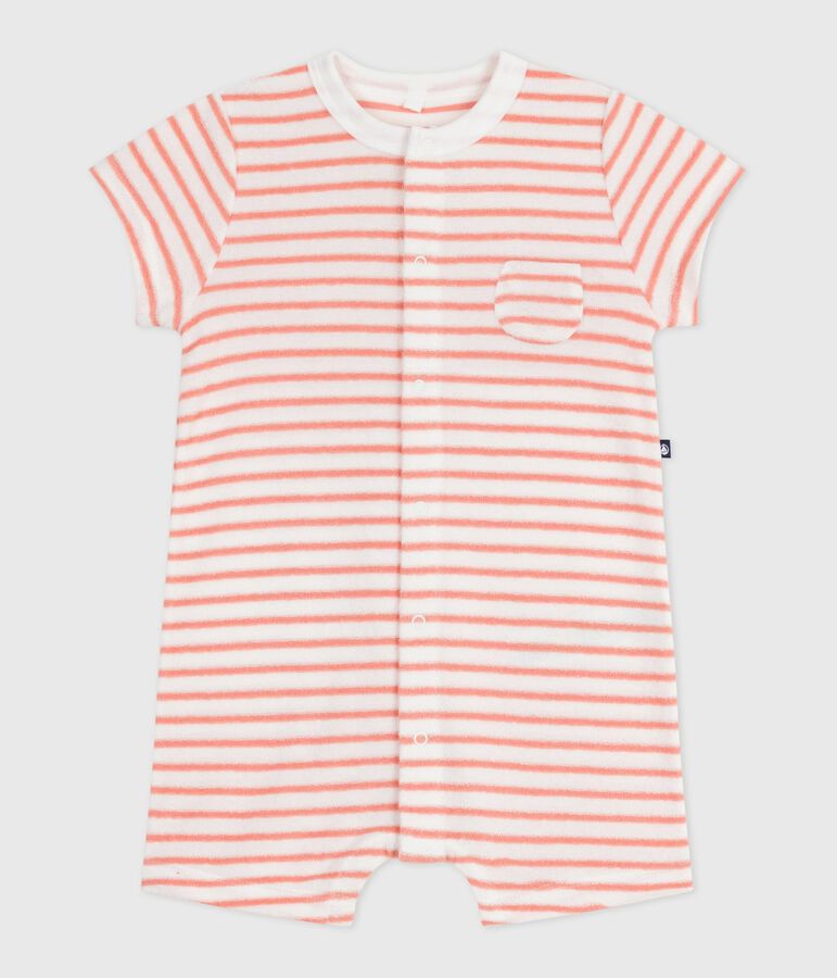 Baby-Kurzoverall aus gestreiftem Baumwoll-Frottee weiss/orange