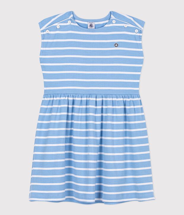 &Auml;rmelloses Kinder-Kleid aus Baumwolle mit Streifen blau/weiss