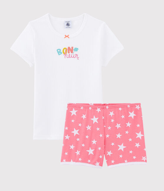Kinder-Kurzpyjama aus Baumwolle mit "Bonheur"-Motiv für Mädchen weiss MARSHMALLOW/weiss MULTICO