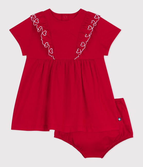 Kurzärmeliges Babykleid aus einfarbiger Baumwolle und dazu passender Bloomer rot TERKUIT