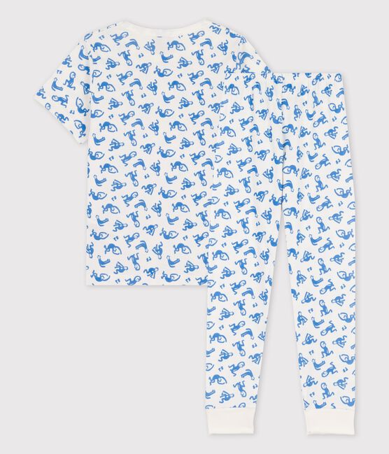 Kurzärmeliger Kinderpyjama aus Baumwolle mit Äffchen für Jungen weiss MARSHMALLOW/blau BRASIER