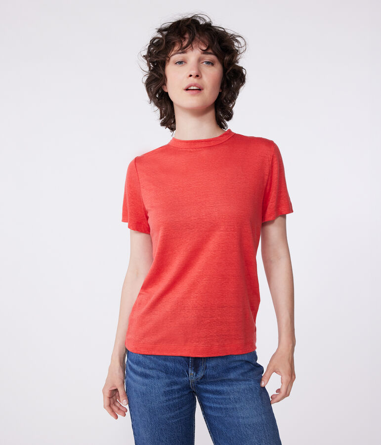 Kurz&auml;rmeliges Damen-T-Shirt aus Leinen rot