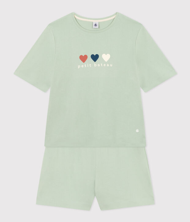 Damen-Pyjama bestehend aus kurzer Hose und T-Shirt aus einfarbiger Baumwolle. gr&uuml;n