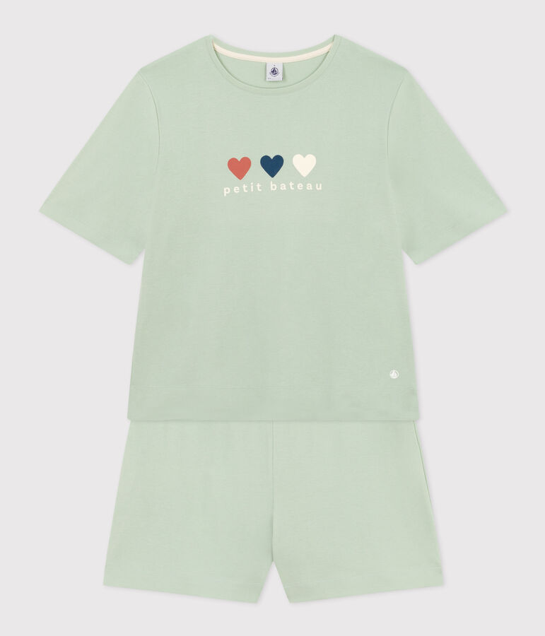 Damen-Pyjama bestehend aus kurzer Hose und T-Shirt aus einfarbiger Baumwolle. gr&uuml;n