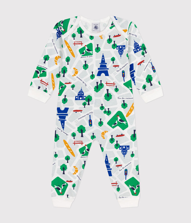 Baby-Pyjama ohne F&uuml;&szlig;e aus Baumwolle mit Printmotiv Paris weiss/blau
