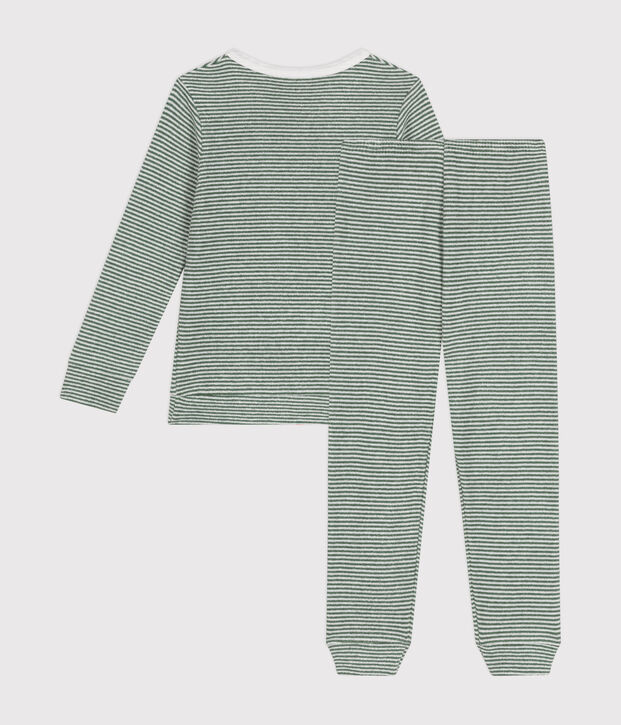 Gestreifter Kinder-Pyjama aus aufgerautem Molton gr&uuml;n/weiss