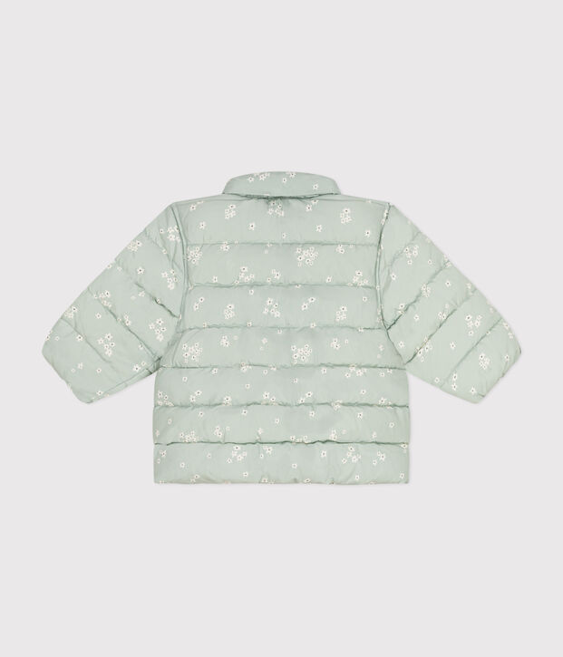 Gemusterte  Baby-Winterjacke mit einrollbarer Kapuze gr&uuml;n/vielfarbig