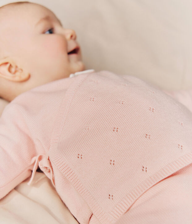 Baby-Wickeljacke aus Woll- und Baumwollstrick mit Lochmuster rosa