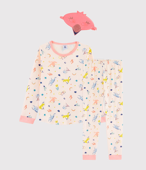 Kinderpyjama aus Rippstrick als rosarotes Flamingokostüm für Mädchen rosa FLEUR/weiss MULTICO