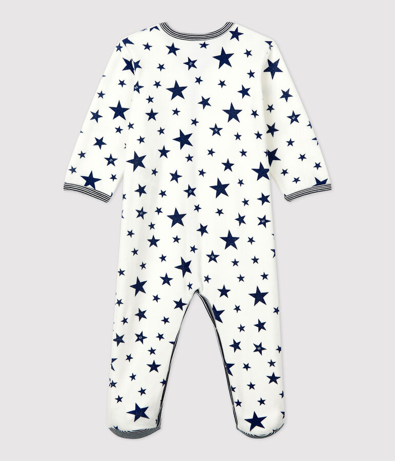 Baby-Strampler aus Nicki mit blauen Sternen weiss/blau