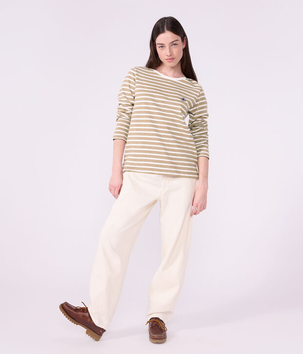 Lang&auml;rmeliges Damen-Streifenshirt Marini&egrave;re aus Baumwolle beige/weiss