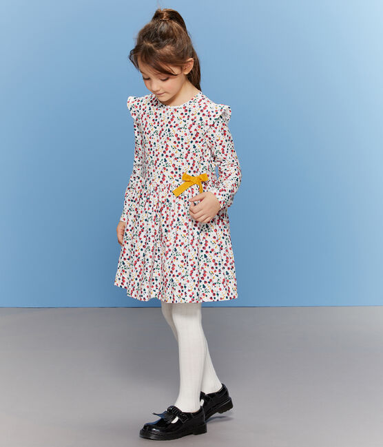 Gemustertes Kleid Mädchen weiss MARSHMALLOW/weiss MULTICO